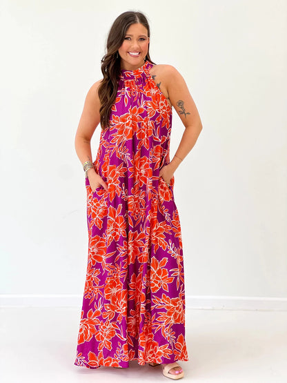 Floral print halter neck midi dress in a flowy rayon blend