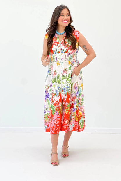 Cream and red floral midi dress with a fluid drape