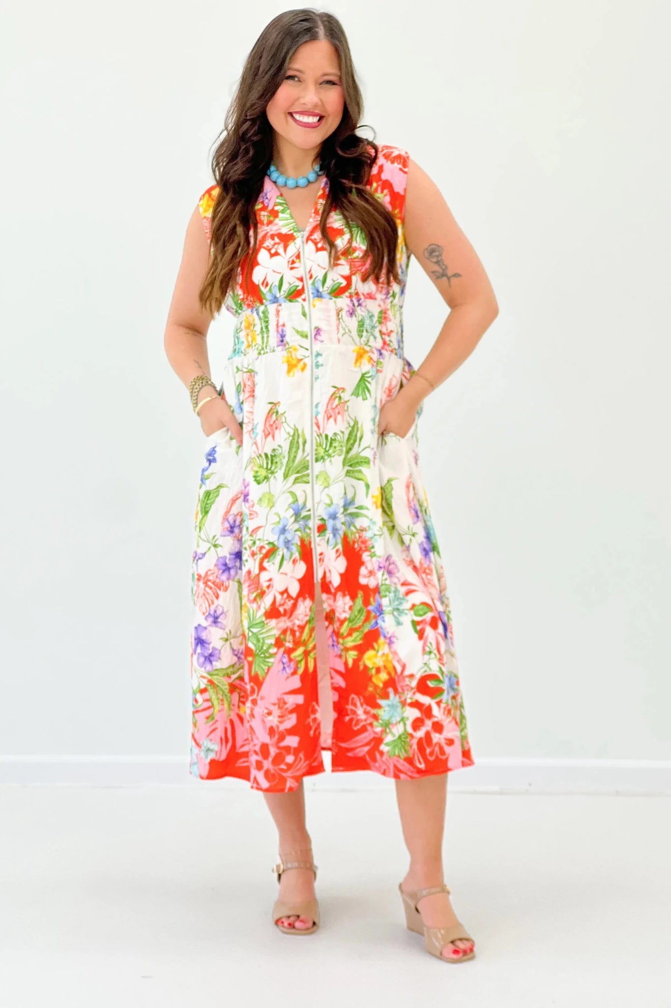 Floral print midi dress in a smooth, flowing rayon blend