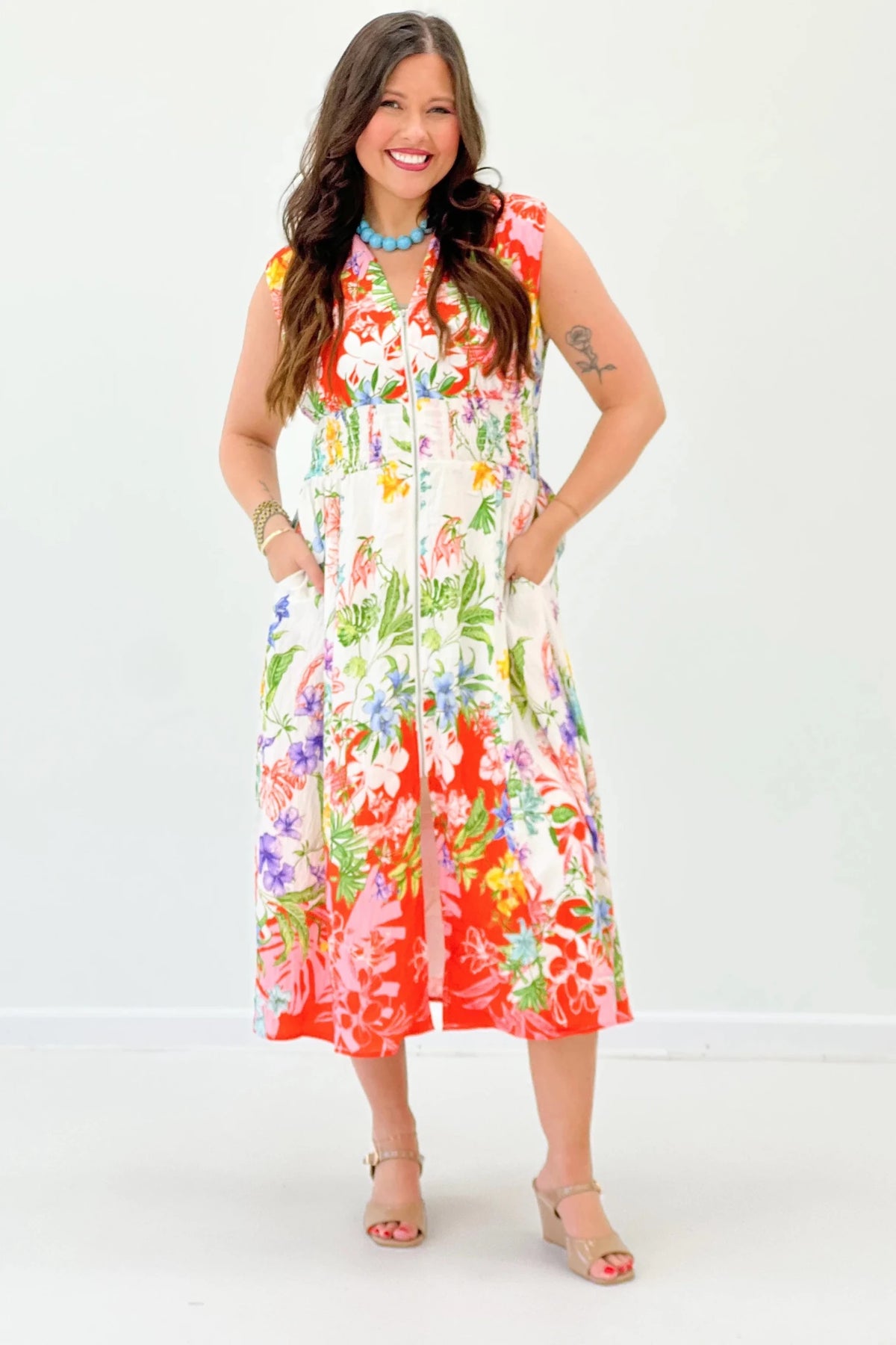 Floral print midi dress in a smooth, flowing rayon blend