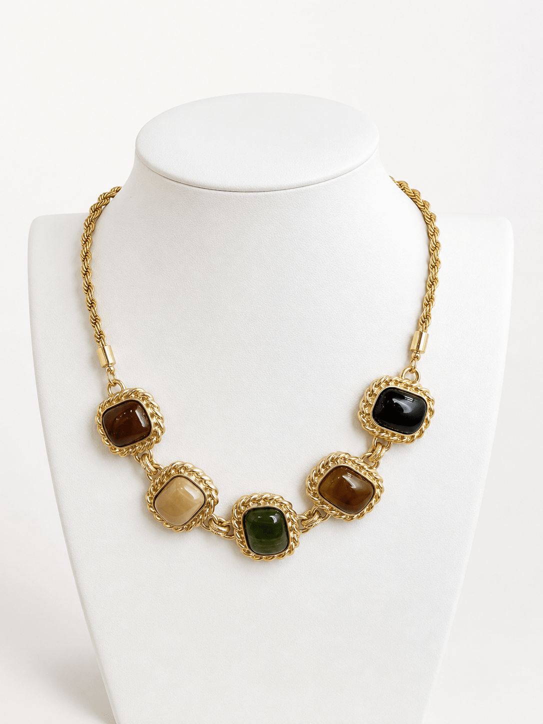 Multicolor framed stone necklace with metal-edged stones
