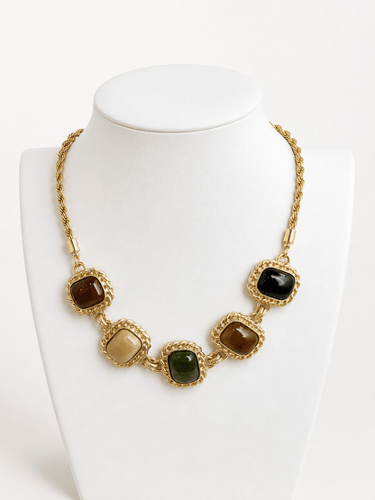 Multicolor framed stone necklace with metal-edged stones