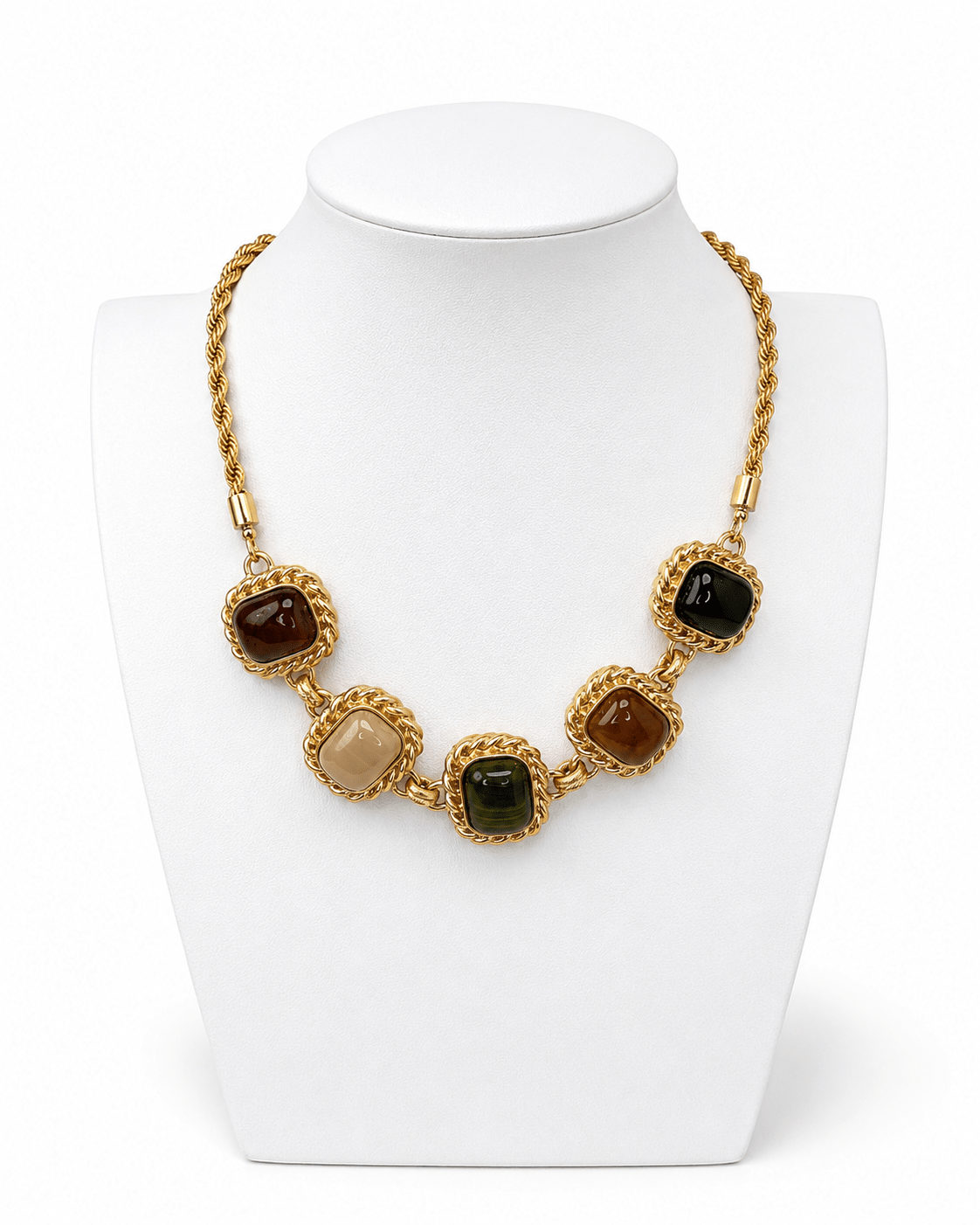 Multicolor stone necklace with alternating framed shapes