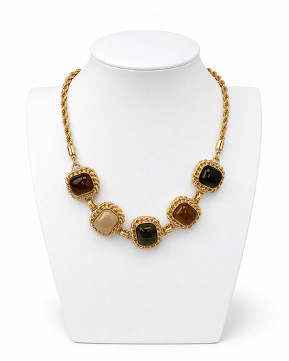 Multicolor stone necklace with alternating framed shapes