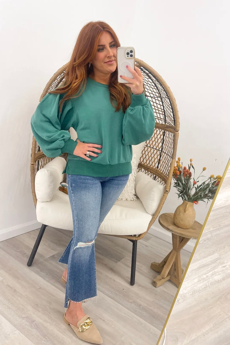 Forest Green Loose Fit Bubble Long Sleeve Top