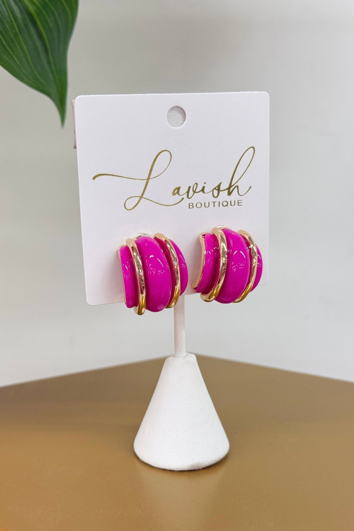 Fuchsia and gold layered wide half hoop earrings