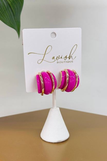Fuchsia and gold layered wide half hoop earrings