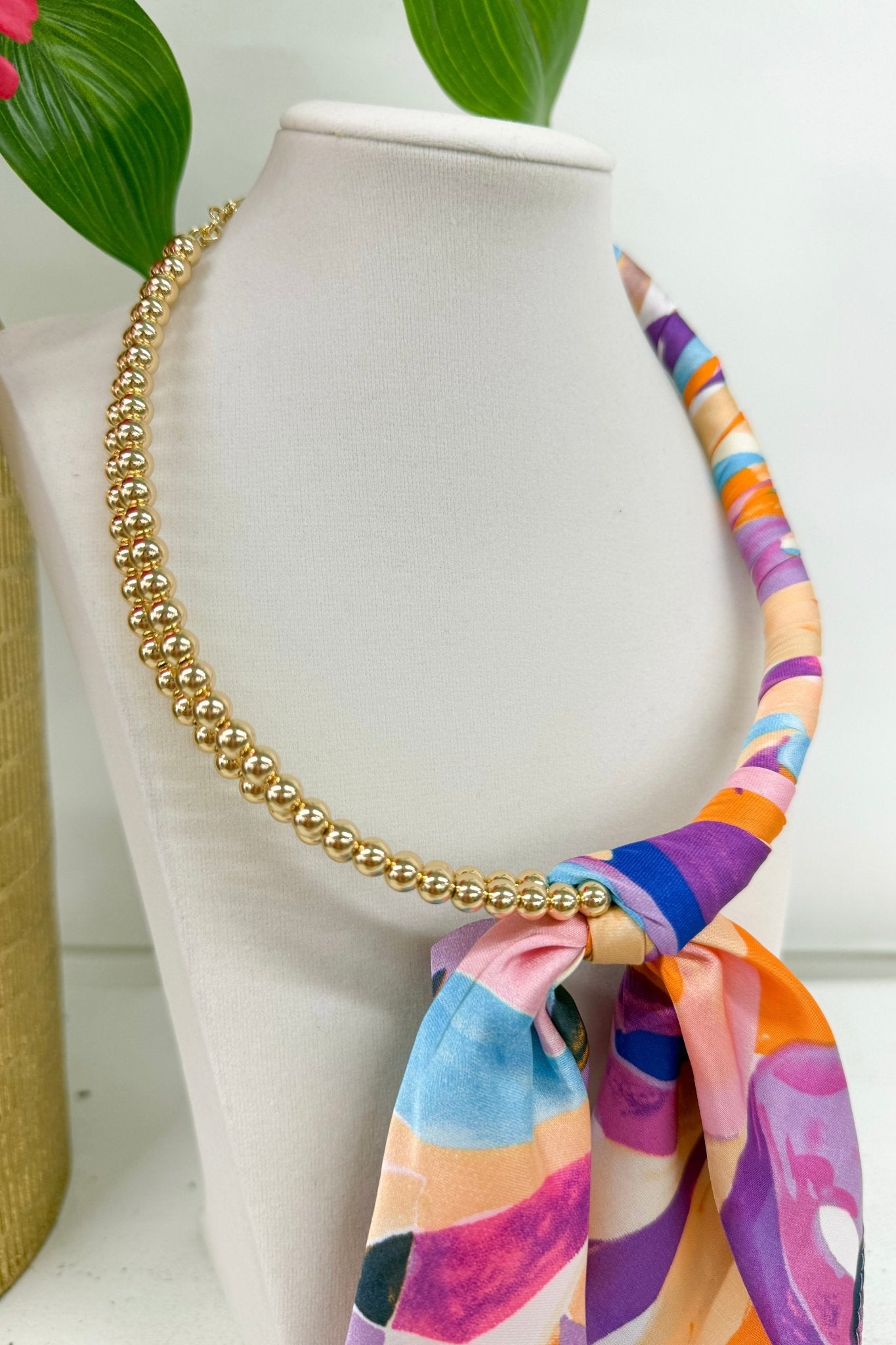 Fuchsia and Multi Gold Scarf Wrapped Necklace - Lavish Boutique Accessories