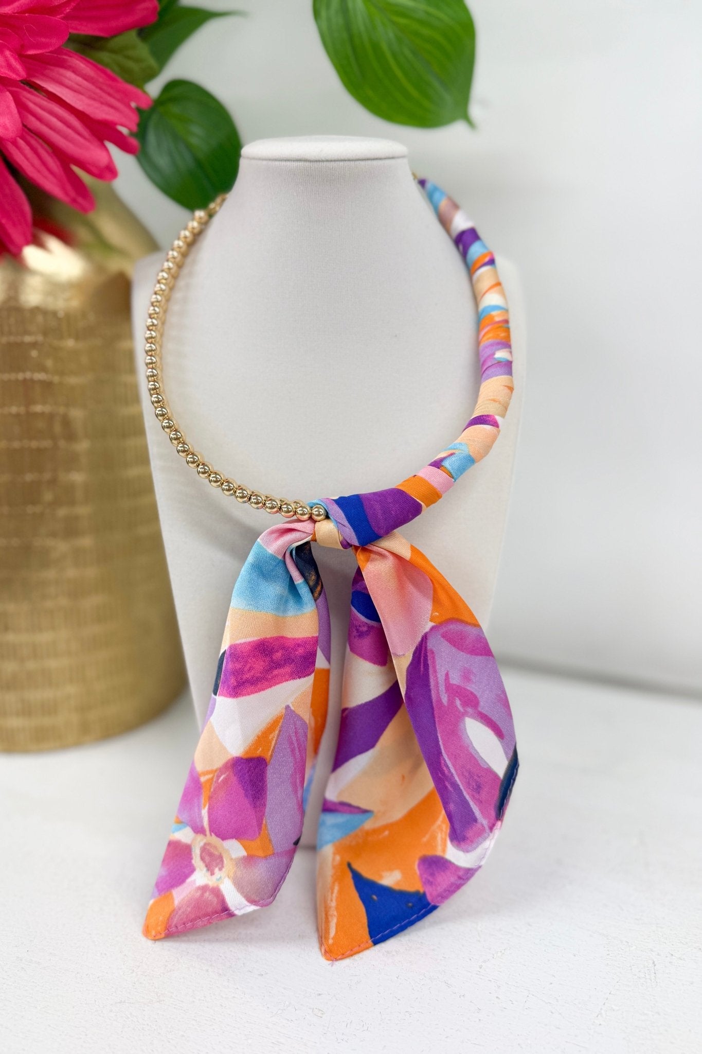 Fuchsia and Multi Gold Scarf Wrapped Necklace - Lavish Boutique Accessories