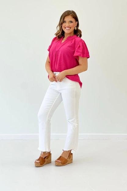 Fuchsia Flutter Sleeve Lace Trim Top - Lavish Boutique Tops