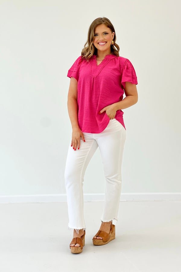 Fuchsia Flutter Sleeve Lace Trim Top - Lavish Boutique Tops