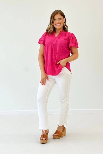 Fuchsia Flutter Sleeve Lace Trim Top - Lavish Boutique Tops