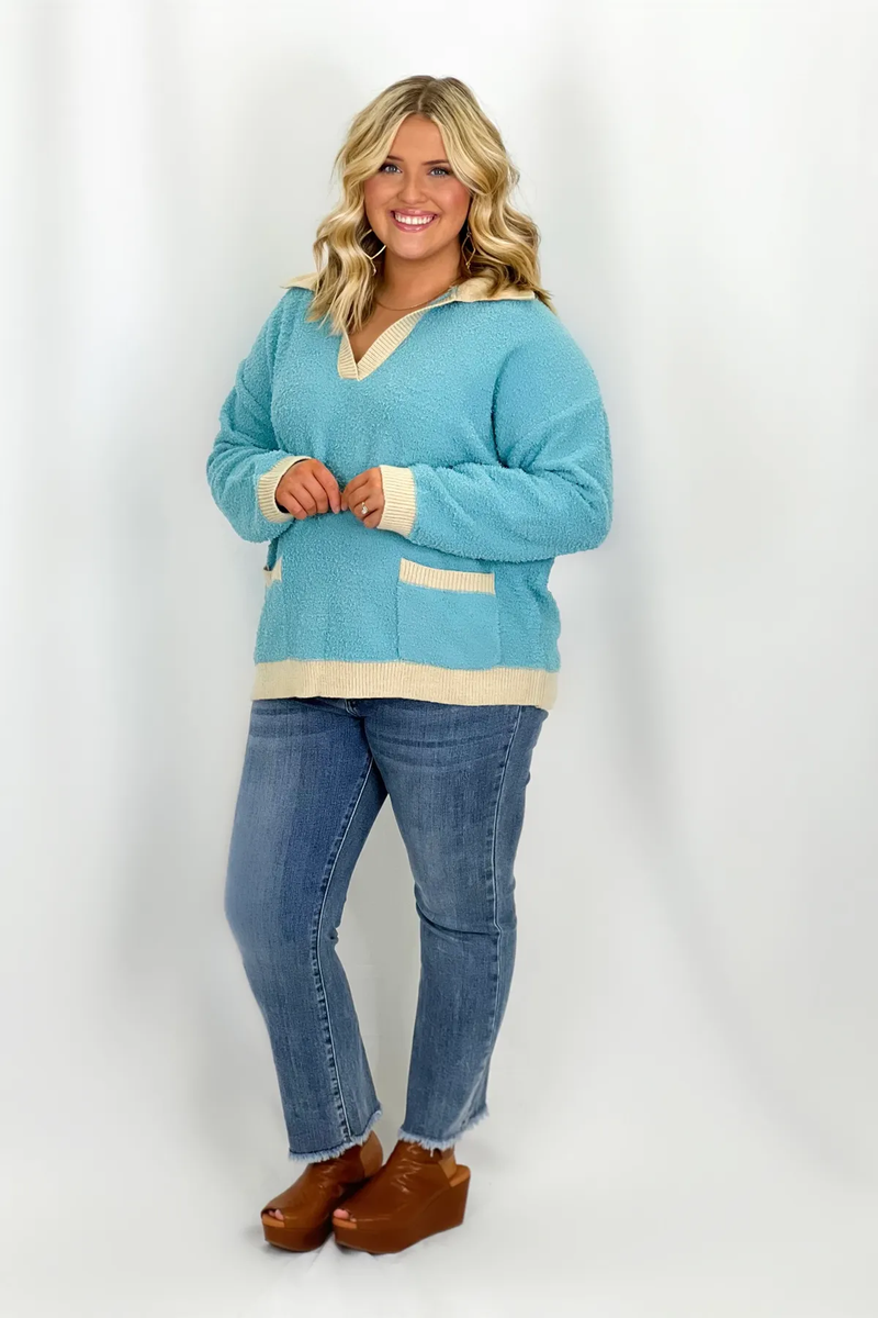 Tuscan Blue Long Sleeve Color Mix Sweater