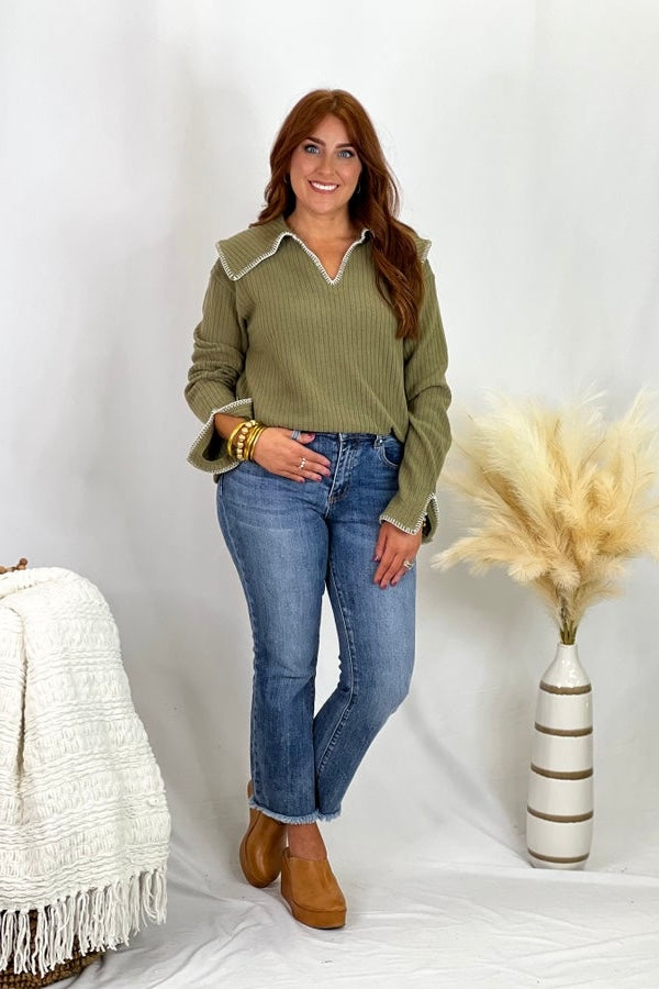 Olive Brushed Rib Split Collared Top