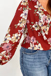 Burgundy Floral V-Neck Long Sleeve Top