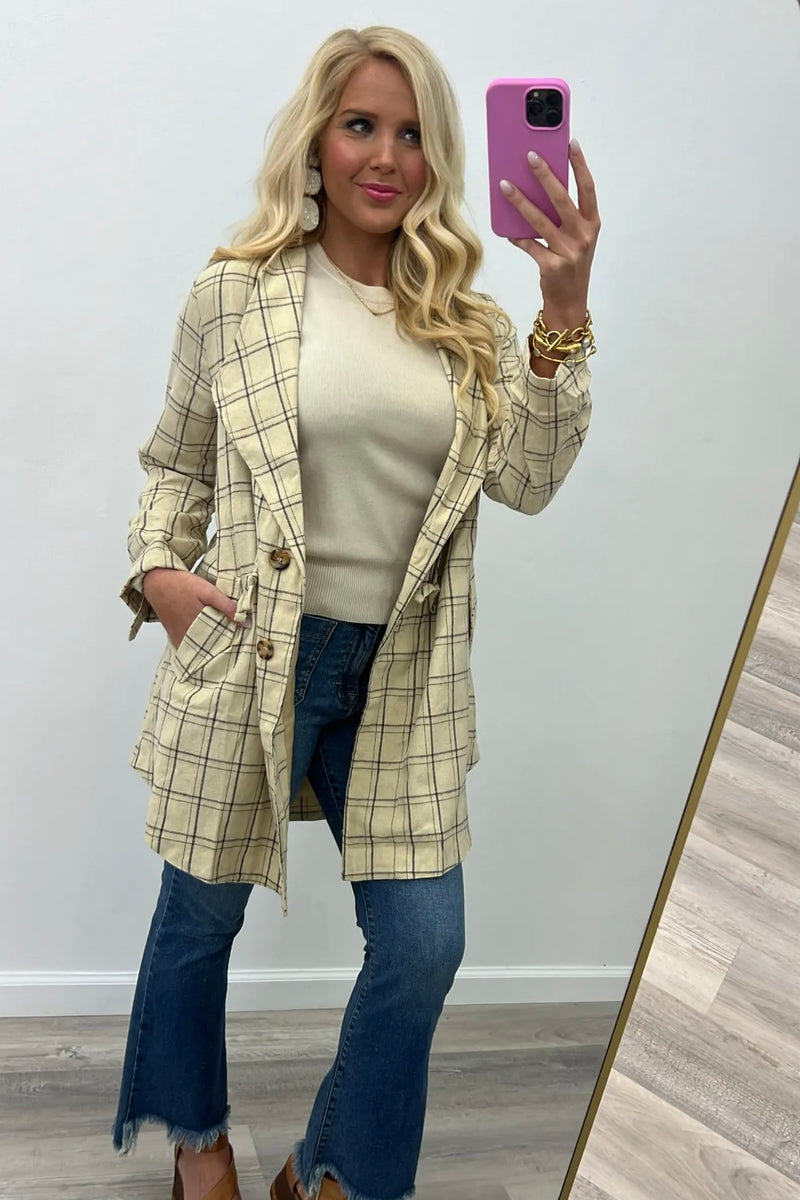 Beige Plaid Folded Sleeve Jacket