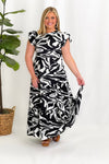 Black and White Print Flutter Sleeve Dress