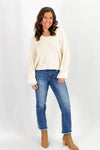 Cream Exposed V-Neck Sweater