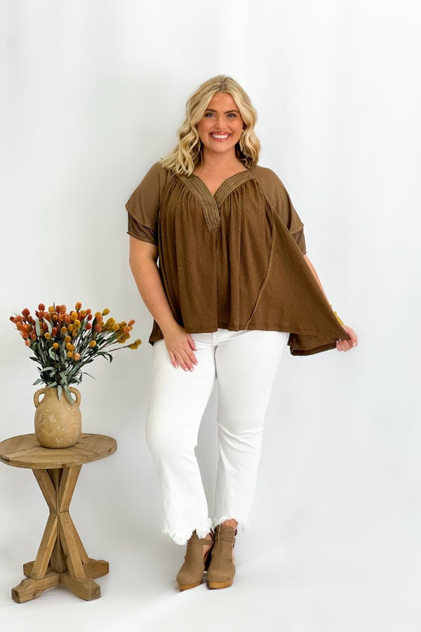 Chocolate Collared V-Neck Ruffle Sleeve Top