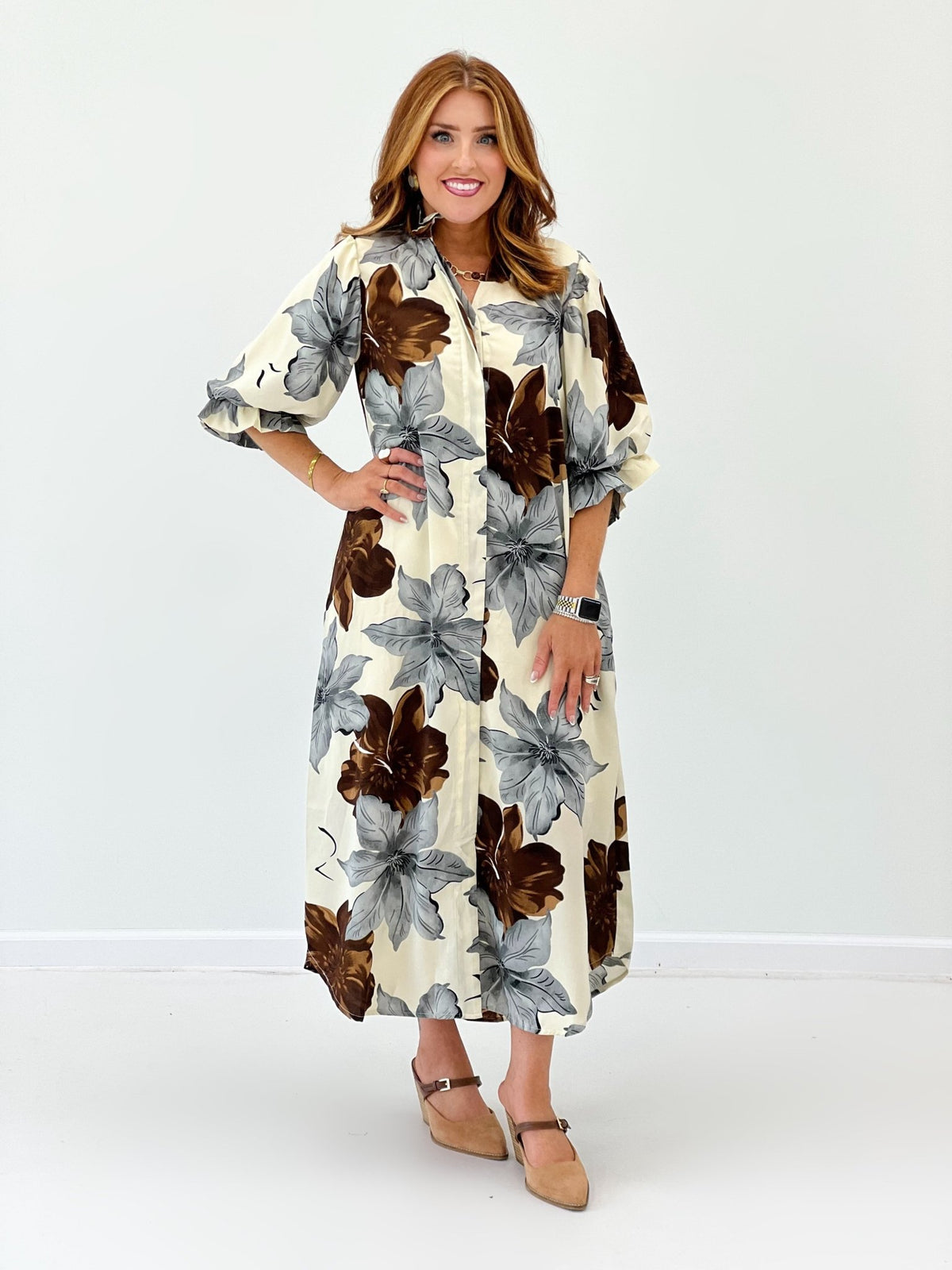 Floral maxi dress in warm cream tones