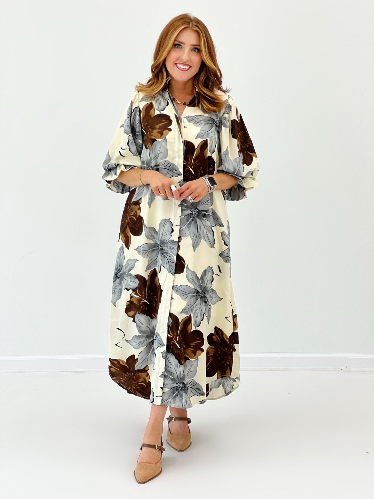 Long floral print maxi dress with a soft, easy drape