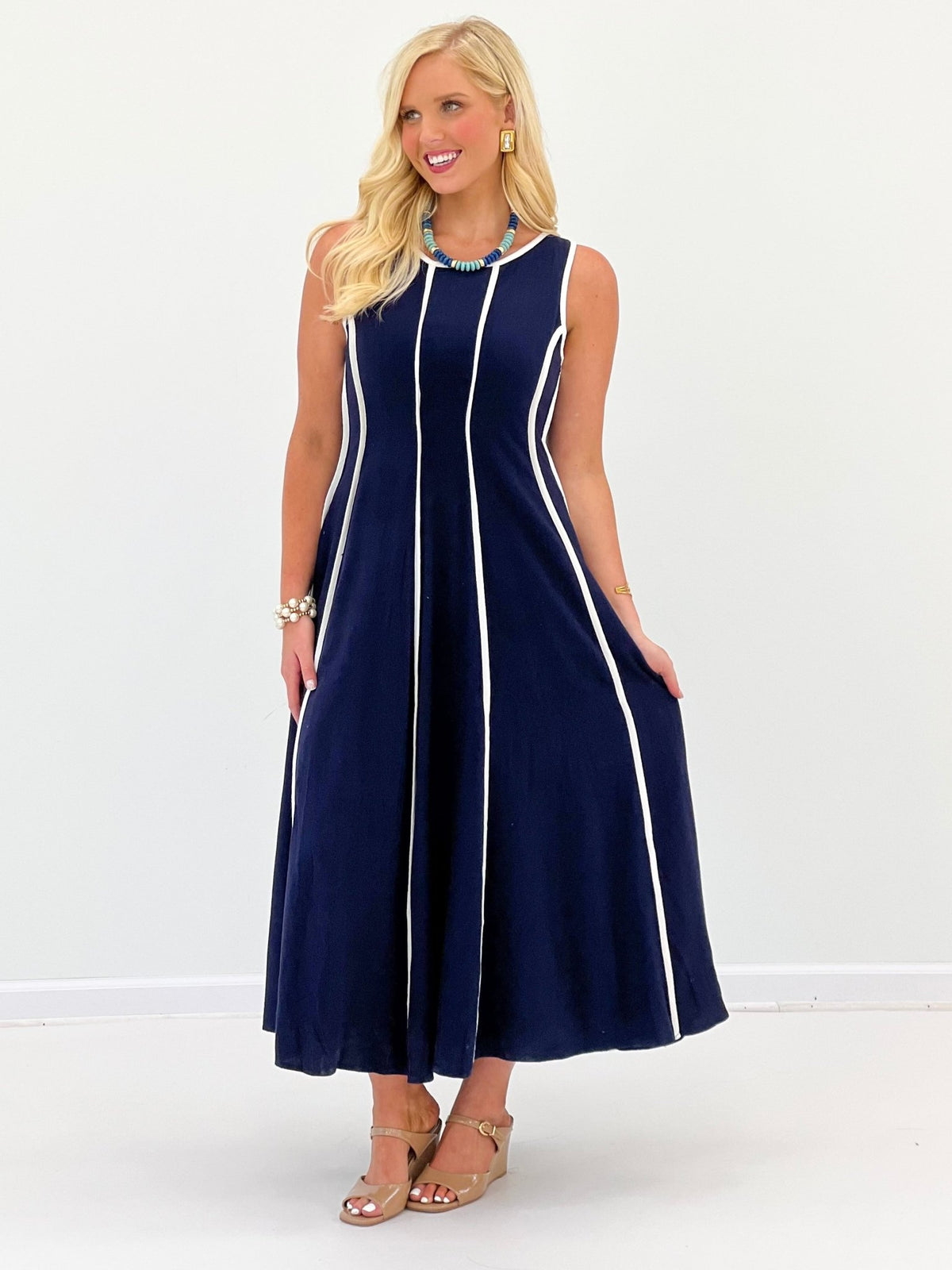 Navy midi dress, sleeveless with a lightweight linen weave
