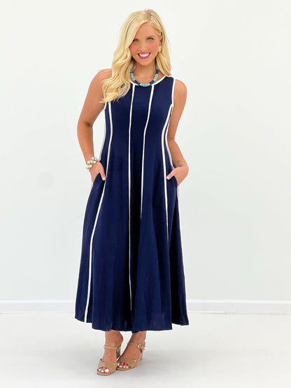 Linen blend midi dress in a deep navy