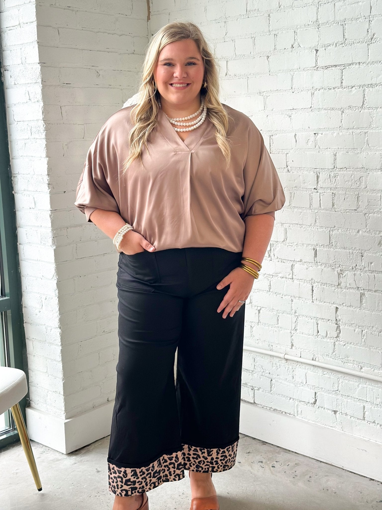 Coffee coloured satin blouse with long sleeves