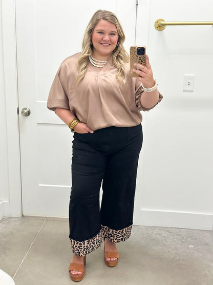 Deep coffee satin top with a soft v-neck