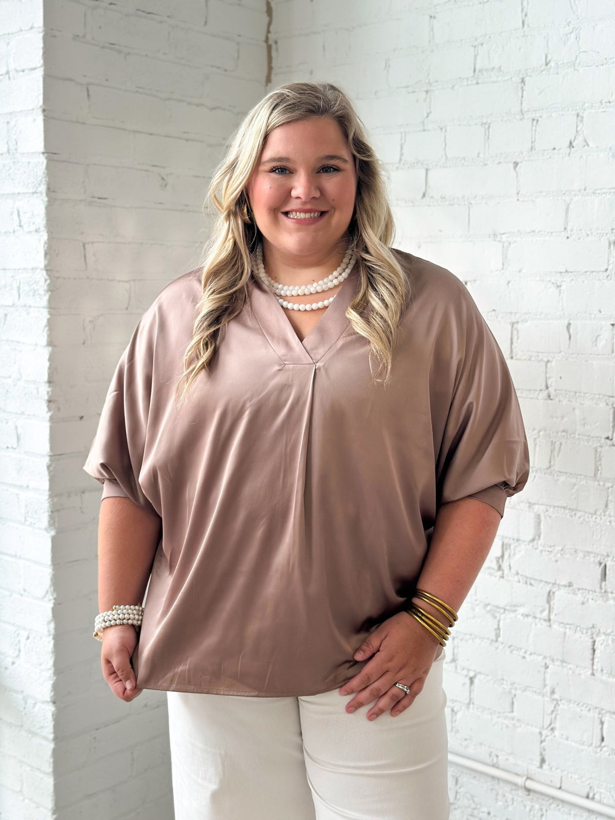 Glossy satin v-neck top in a coffee shade