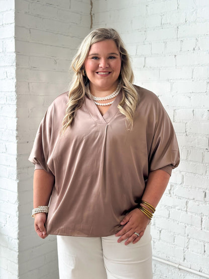 Glossy satin v-neck top in a coffee shade