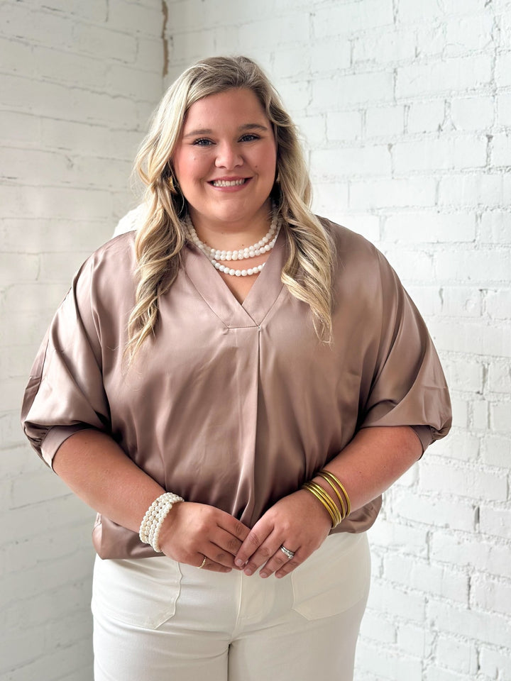 Coffee satin blouse with a v-neckline