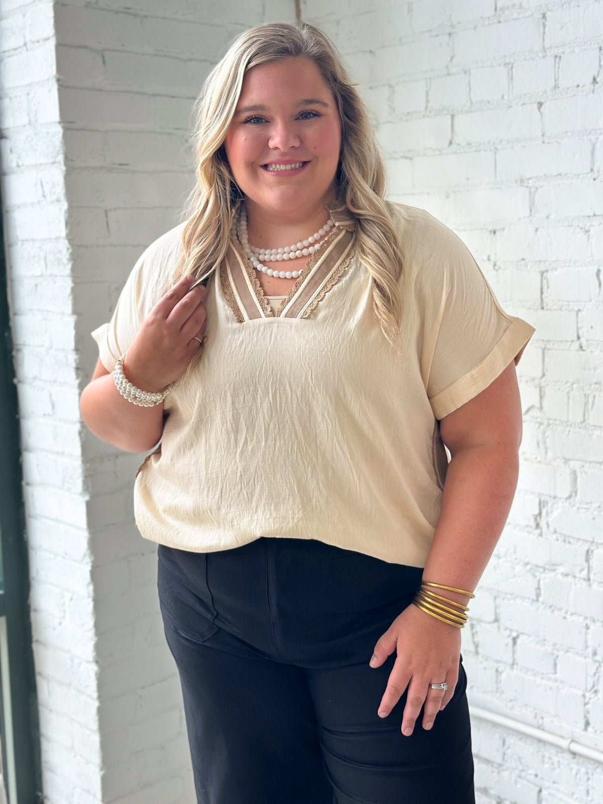 Lace trimmed blouse with subtle stripe detail