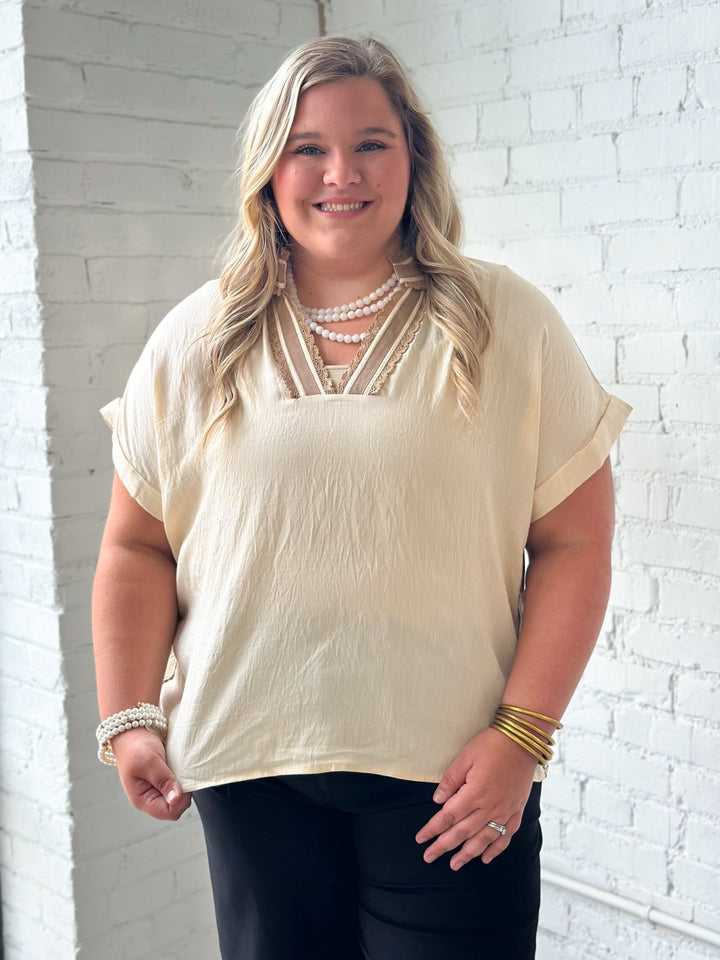 Natural striped top with lace trim detail
