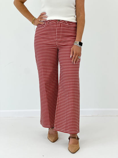 Gingham check pants with a wide straight leg