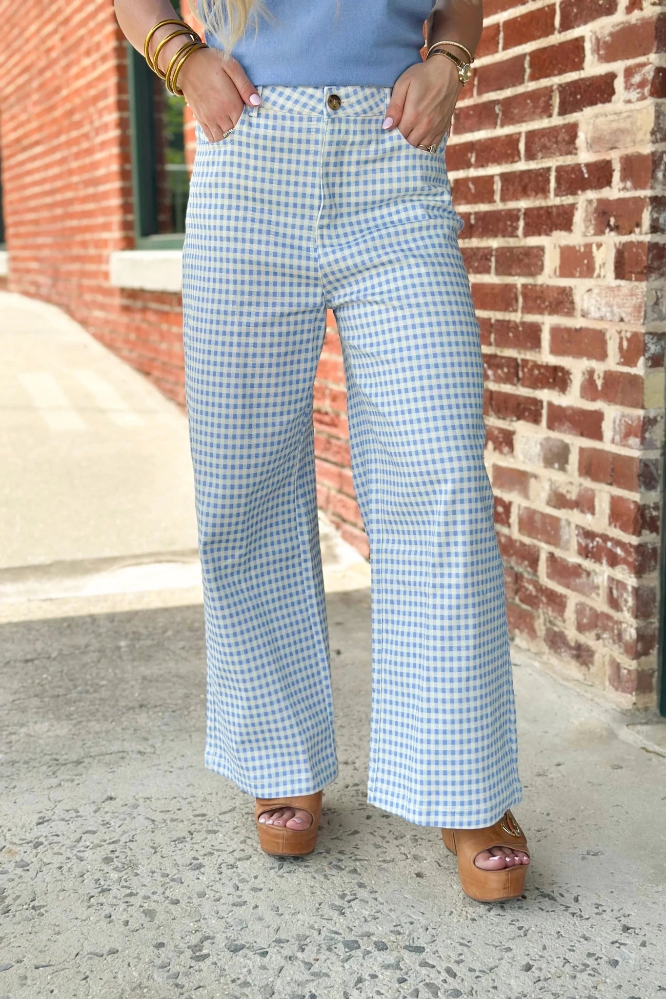 Wide straight leg gingham pants with a soft drape