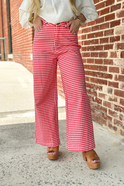 Gingham print pants with a pull on waistband