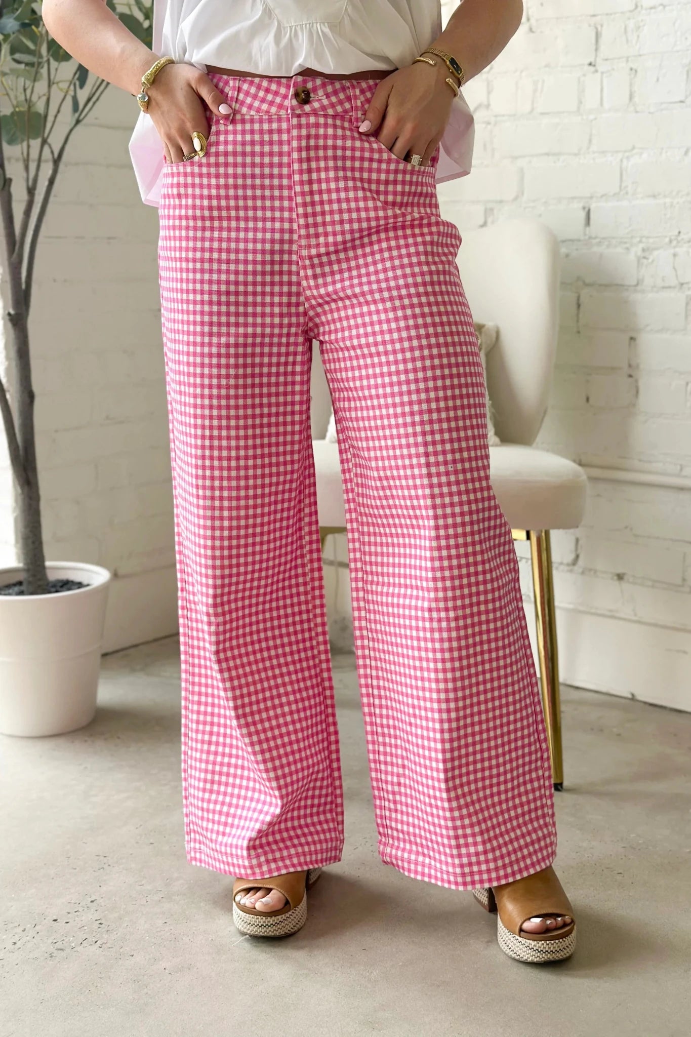 Gingham pants in a lightweight woven fabric