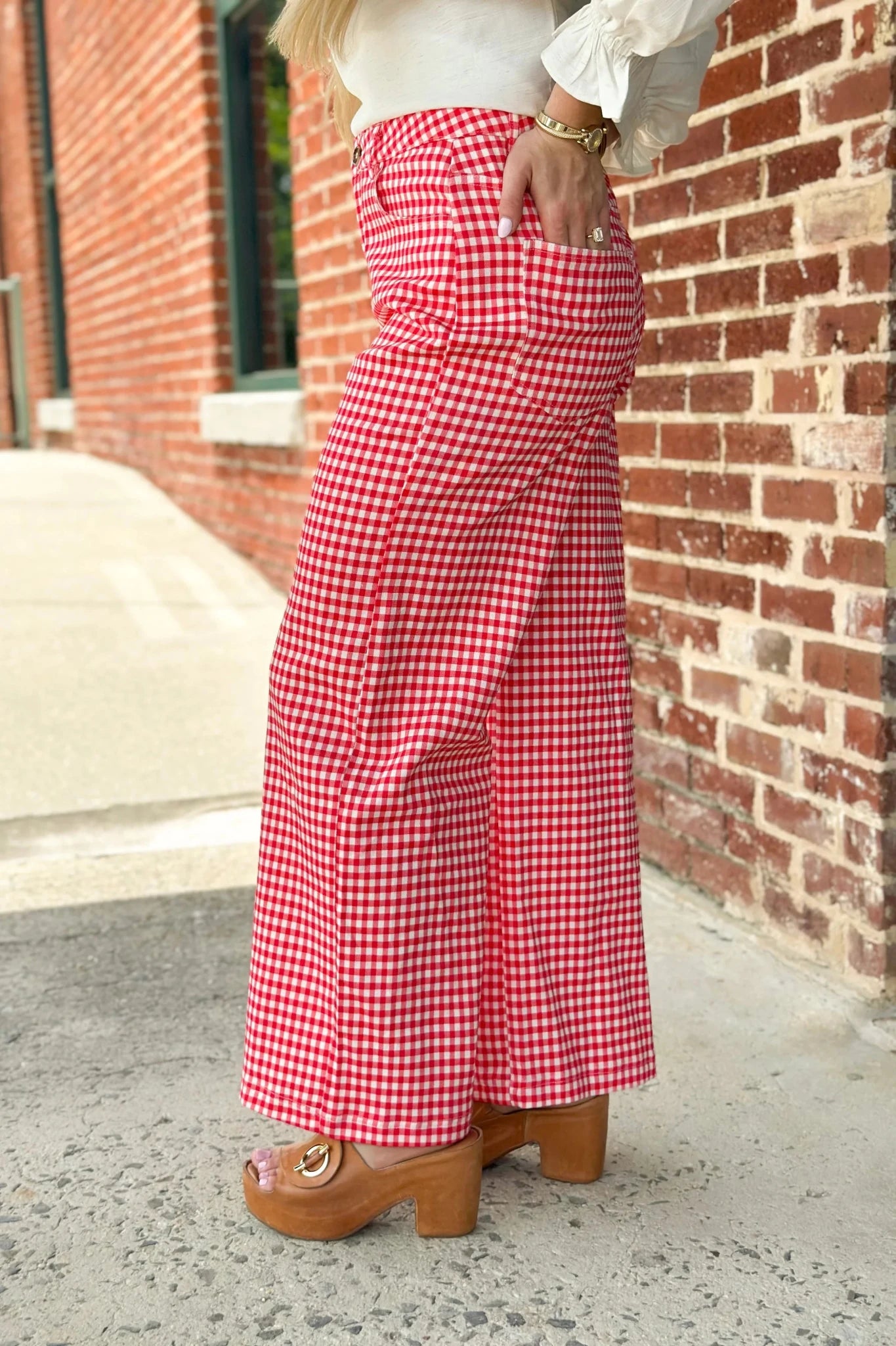 Gingham check trousers with a full length hem