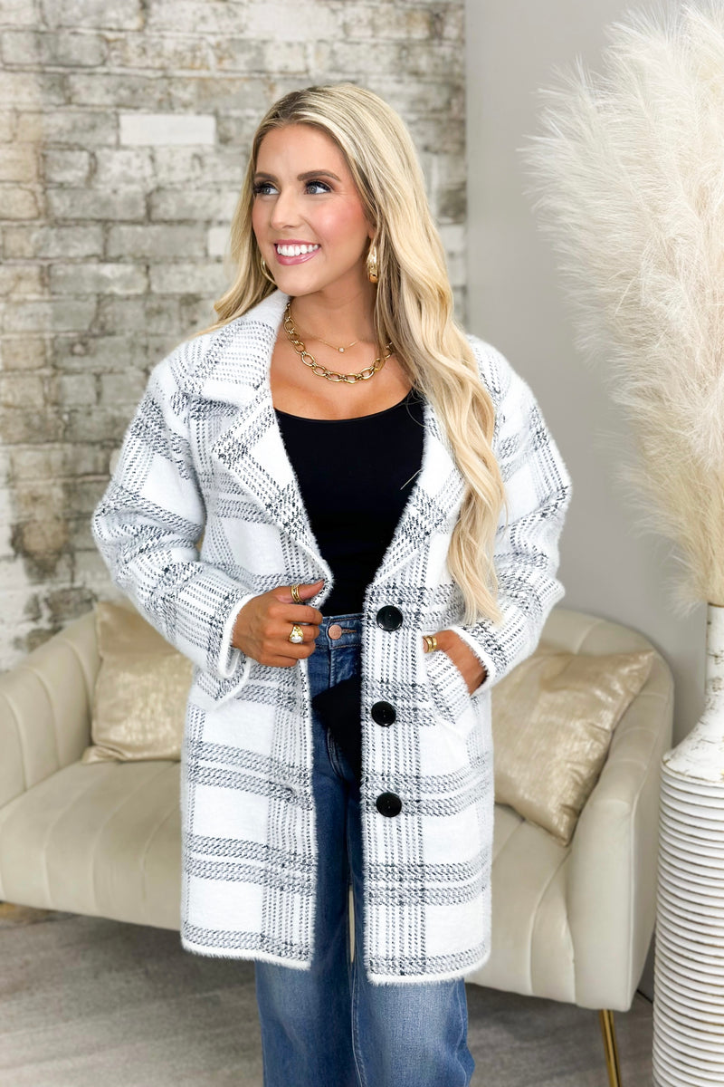 White and Black Long Coat With Pockets