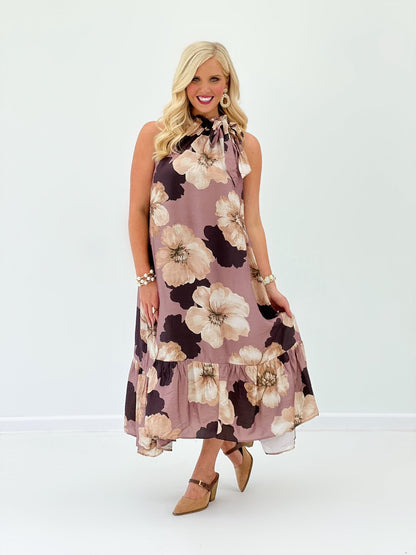 Midi dress with an allover floral print and gathered neck ruffle