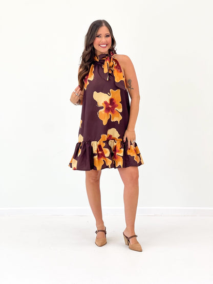 Brick floral print mini dress with a tie neckline