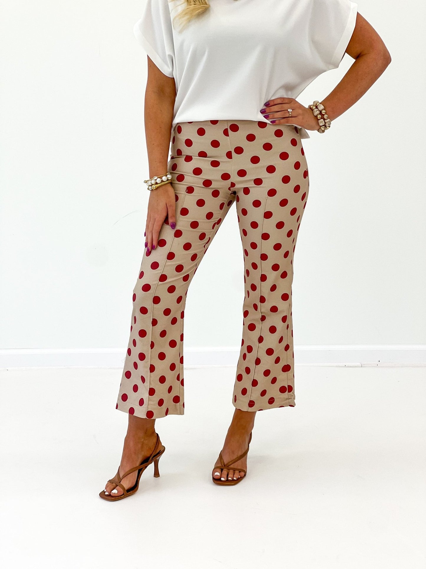 Polka dot cropped flare pants with a high waist