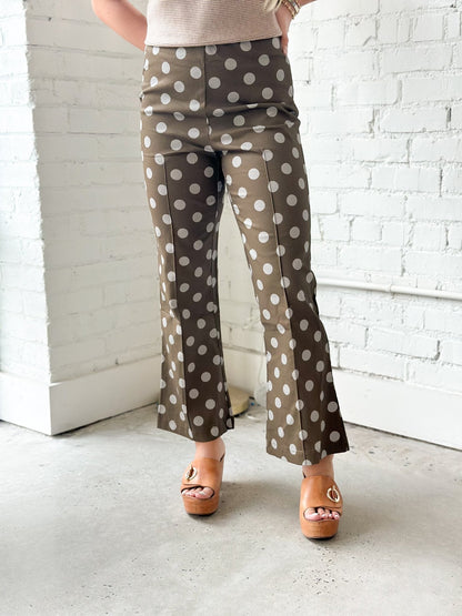 Crop flare pants with an all over polka dot print