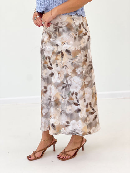 Printed taupe midi skirt with a soft flowing hem