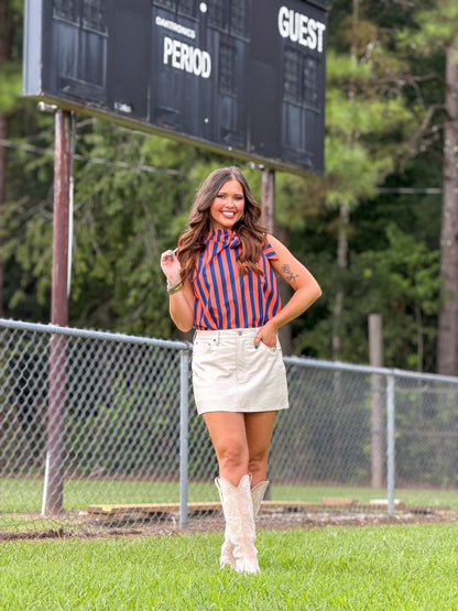 Navy tank with a gathered ruffle collar