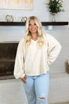 Ecru Long Sleeve V-Neck Mineral Washed Top