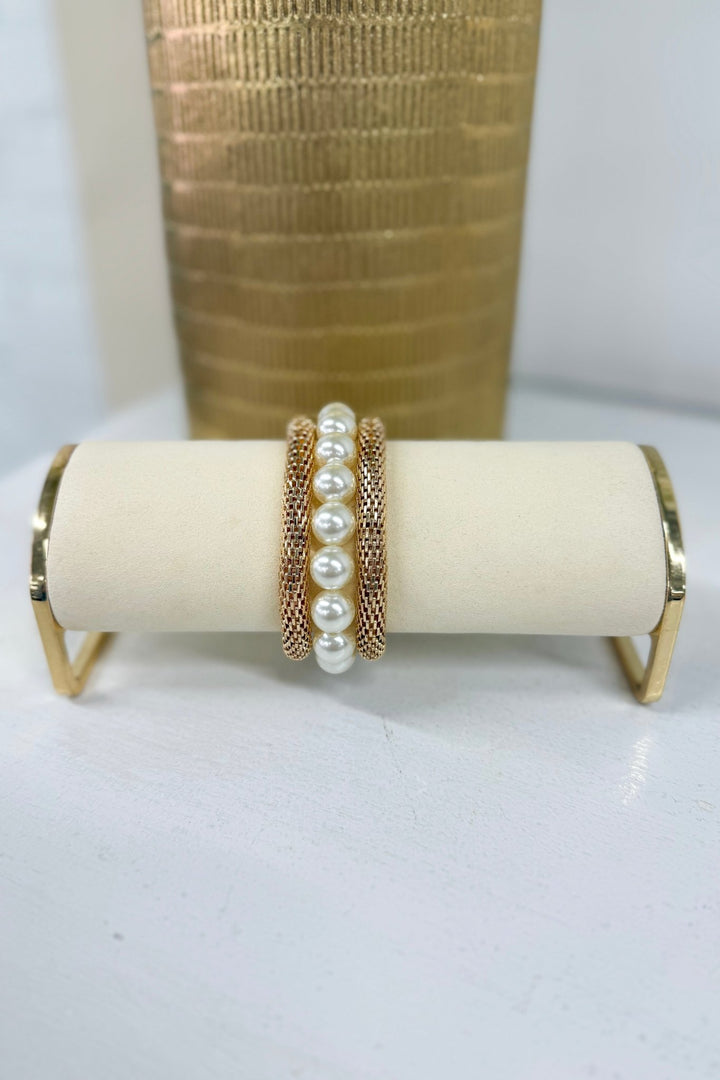 Gold and cream two-row pearl bracelet set