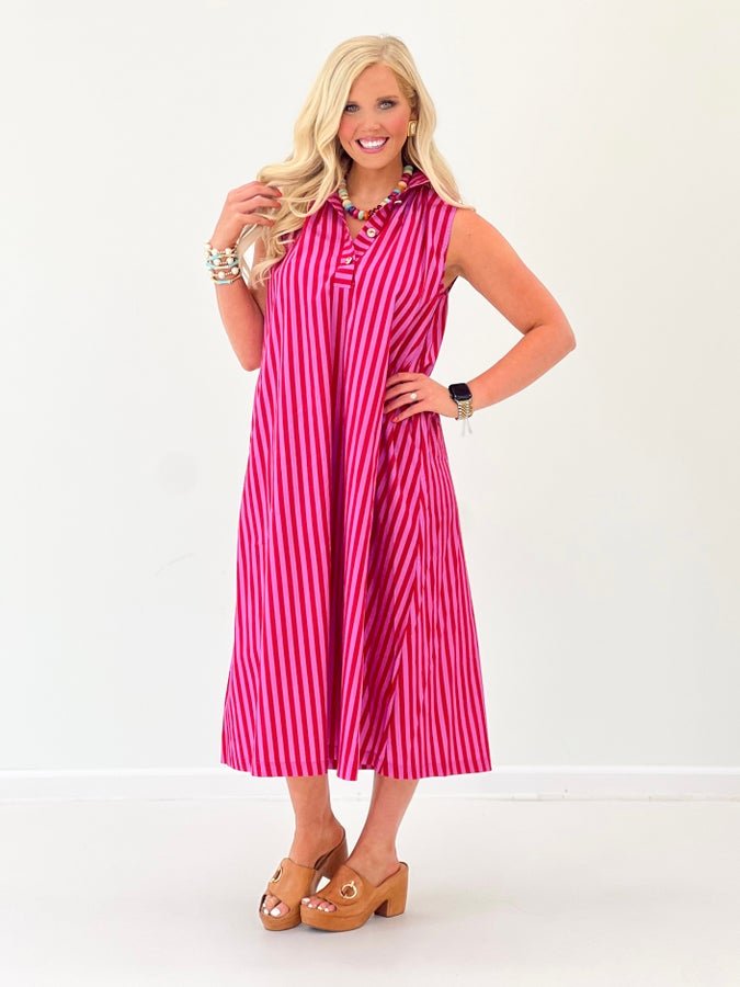 Cotton stripe midi dress cut sleeveless for warm weather