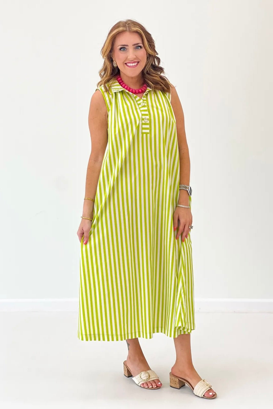 Striped sleeveless midi dress with gold button detail